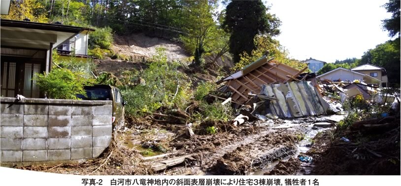 写真2 白河市八竜神地内の斜面表層崩壊により住宅3棟崩壊、犠牲者1名