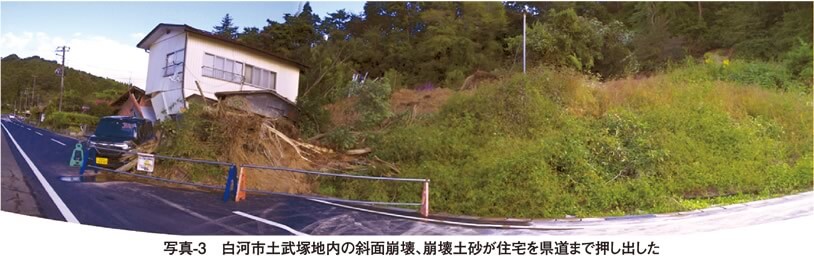 写真3 白河市土武塚地内の斜面崩壊、崩壊土砂が住宅や県道まで押し出した