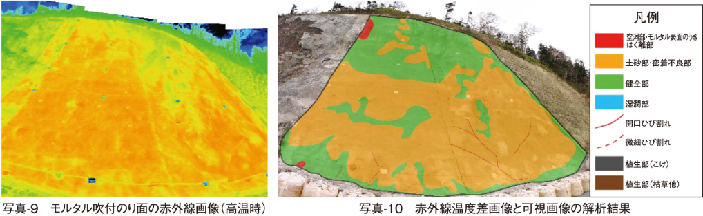 写真-9　モルタル吹付のり面の赤外線画像（高温時）／写真-10　赤外線温度差画像と可視画像の解析結果