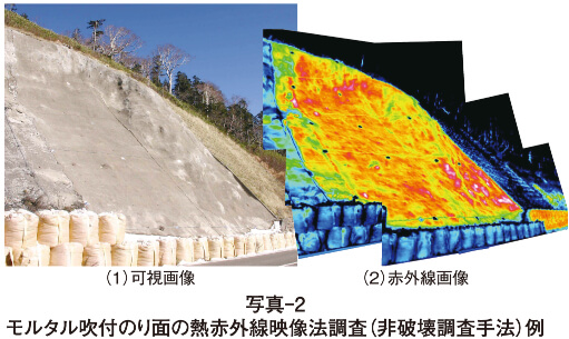 写真-2 モルタル吹付のり面の熱赤外線映像法調査（非破壊調査手法）例
