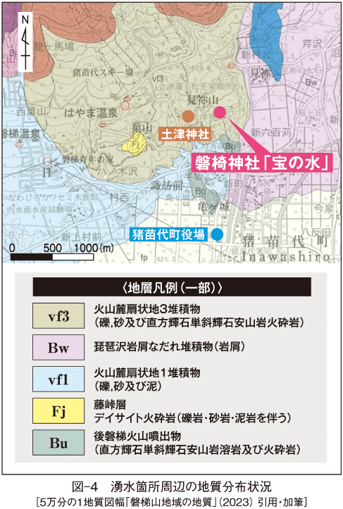 図-4　湧水箇所周辺の地質分布状況 ［5万分の１地質図幅「磐梯山地域の地質」（2023） 引用・加筆］