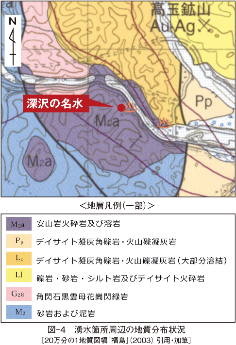 図-4　湧水箇所周辺の地質分布状況 ［20万分の１地質図幅「福島」（2003） 引用・加筆］