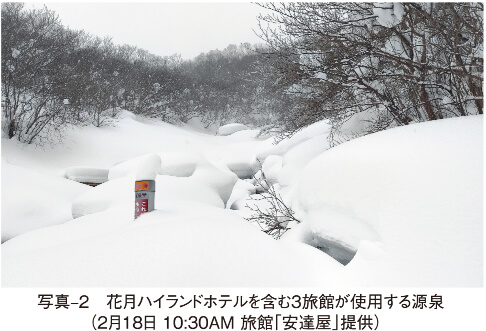 写真‒2 花月ハイランドホテルを含む3旅館が使用する源泉 (2月18日 10:30AM 旅館「安達屋」提供)