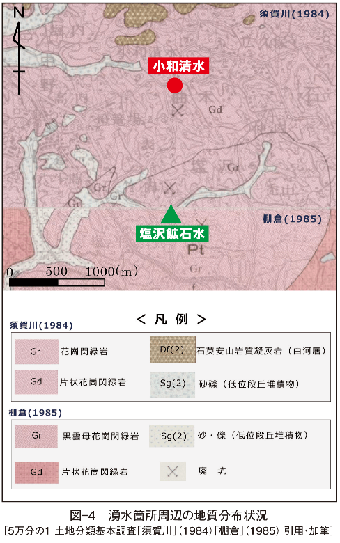図-4　湧水箇所周辺の地質分布状況 ［5万分の1 土地分類基本調査「須賀川」(1984）「棚倉」(1985) 引用・加筆］