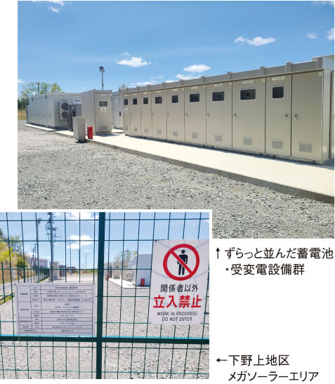 ↑ずらっと並んだ蓄電池 ・受変電設備群