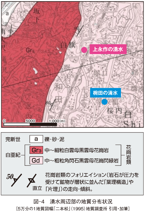 図-4　湧水周辺部の地質分布状況 ［5万分の1地質図幅「二本松」（1995）地質調査所 引用・加筆］